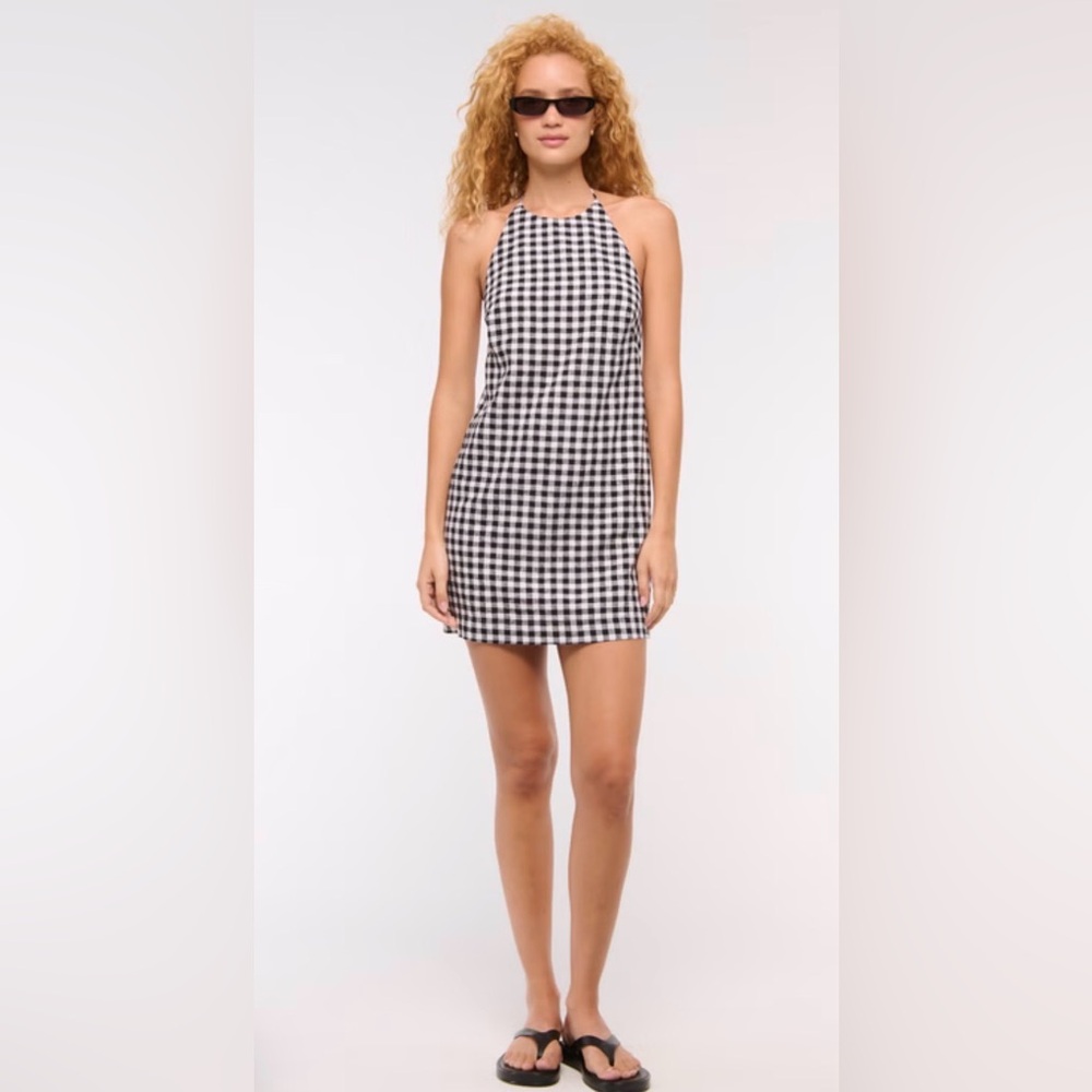 Abercrombie & Fitch Gingham Halter Mini Dress Large Tall Black White Linen Blend - Picture 2 of 11